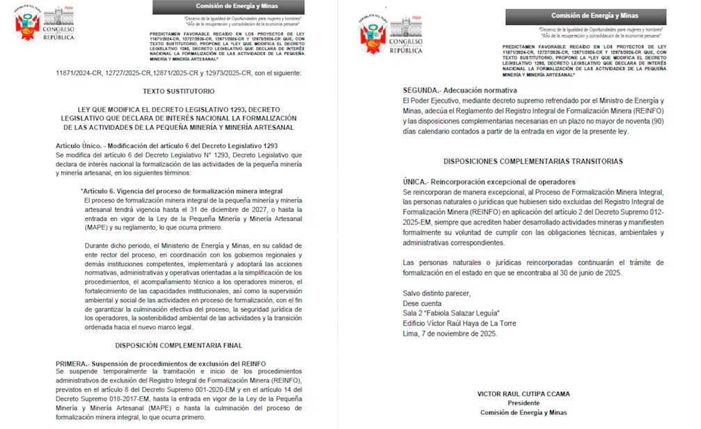 Disposiciones complementarias del nuevo predictamen que busca extender vigencia del Reinfo.