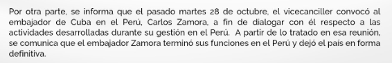 Embajador cubano concluyo sus funciones y abandonó el Perú