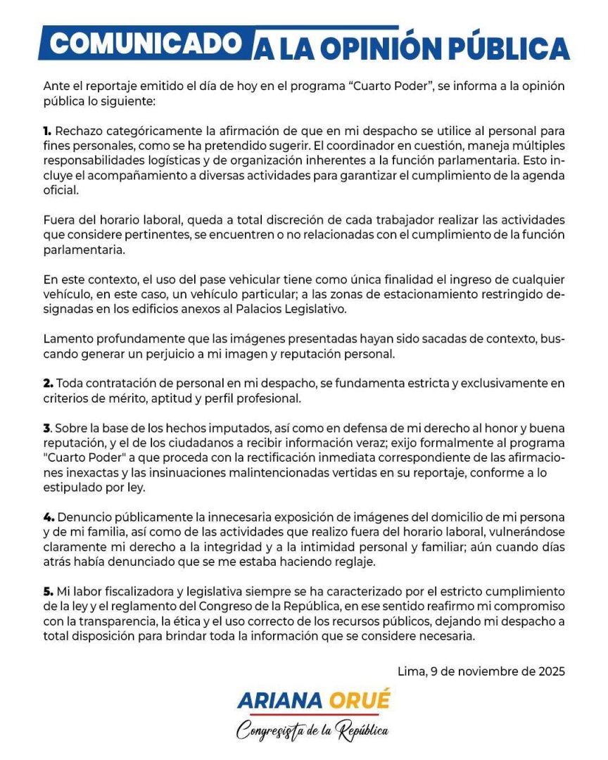 Comunicado de Ariana Oru.