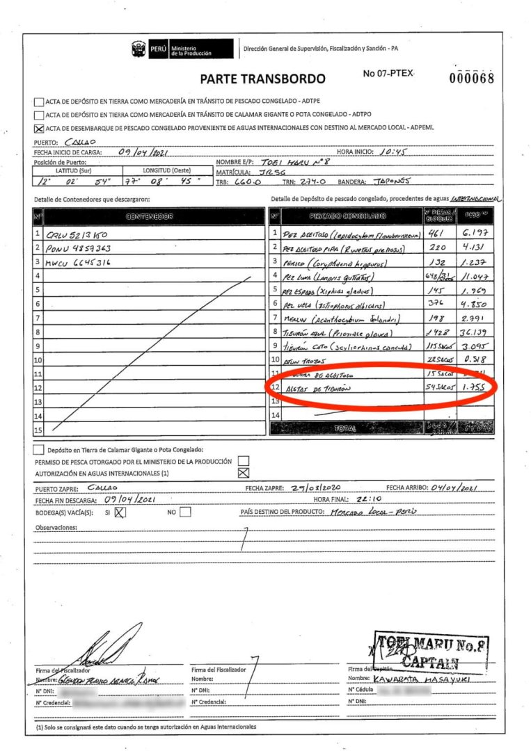 Acta de desembarque del buque Toei Maru N8 con 54 sacos de aletas de tiburn