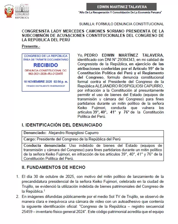 Edwin Martnez denuncia constitucionalmente a Fernando Rospigliosi por caso de cmara del Congreso