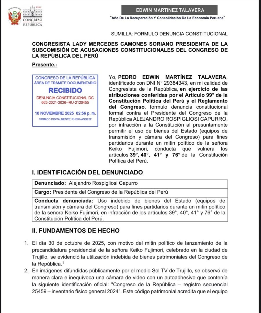 Denuncia constitucional contra Rospigliosi por uso indebido de bienes del Estado en el marco de la campaa de Keiko Fujimori.