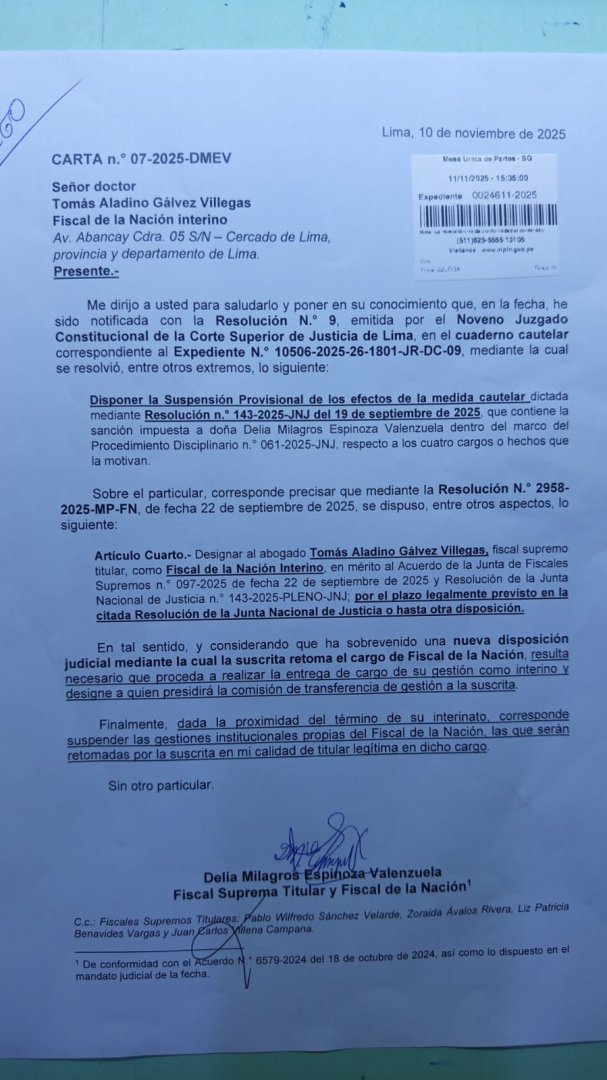 Carta de Delia Espinoza a Toms Glvez.