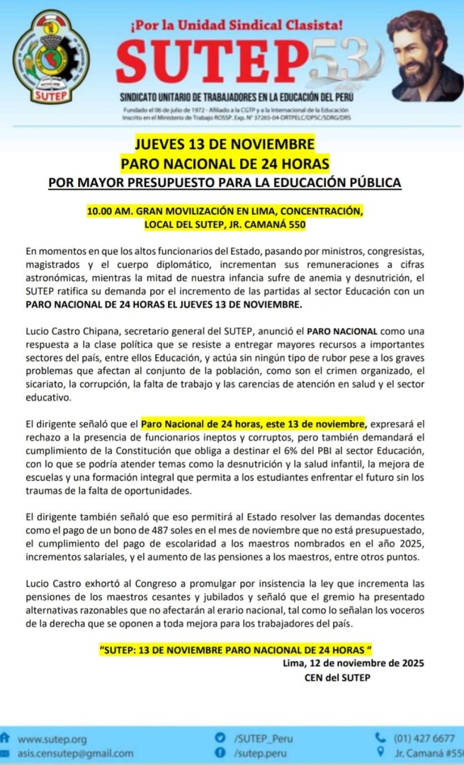 Sutep anuncia paro nacional este 13 de noviembre