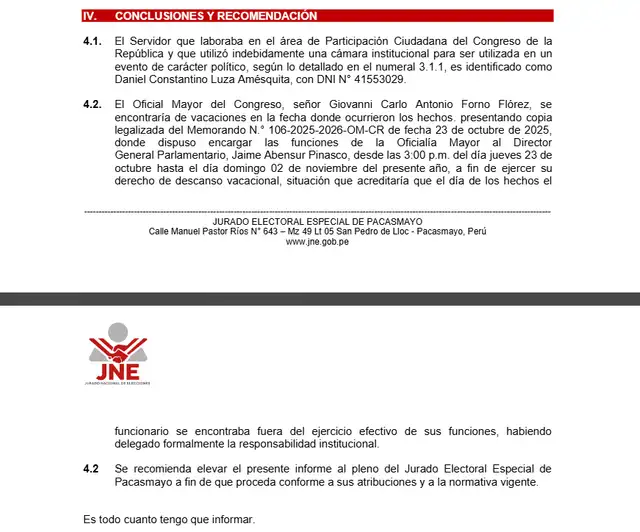 JEE de Pacasmayo pide a Daniel Luza brindar sus descargos por el uso cmara del Congreso en mitin de Keiko Fujimori.