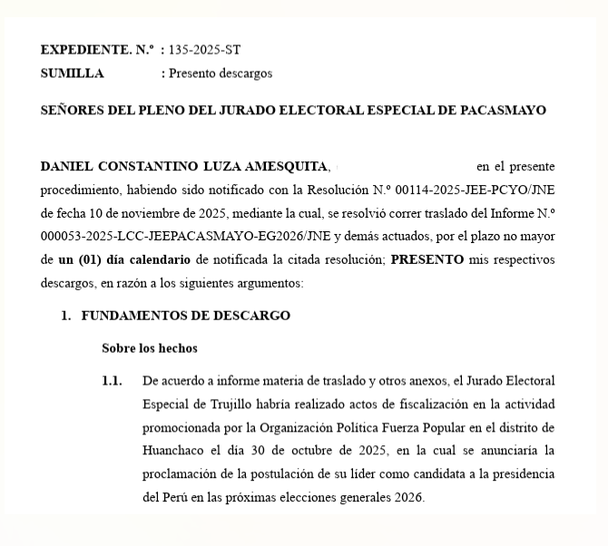 Daniel Luza presento sus descargos ante el JEE de Pacasmayo