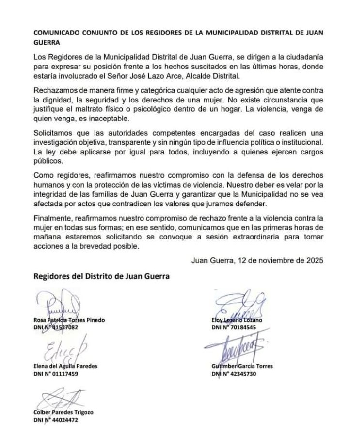 Comunicado de regidores del distrito de Juan Guerra