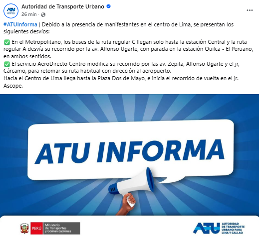 Desvíos anunciados por ATU en Metropolitano y AeroDirecto