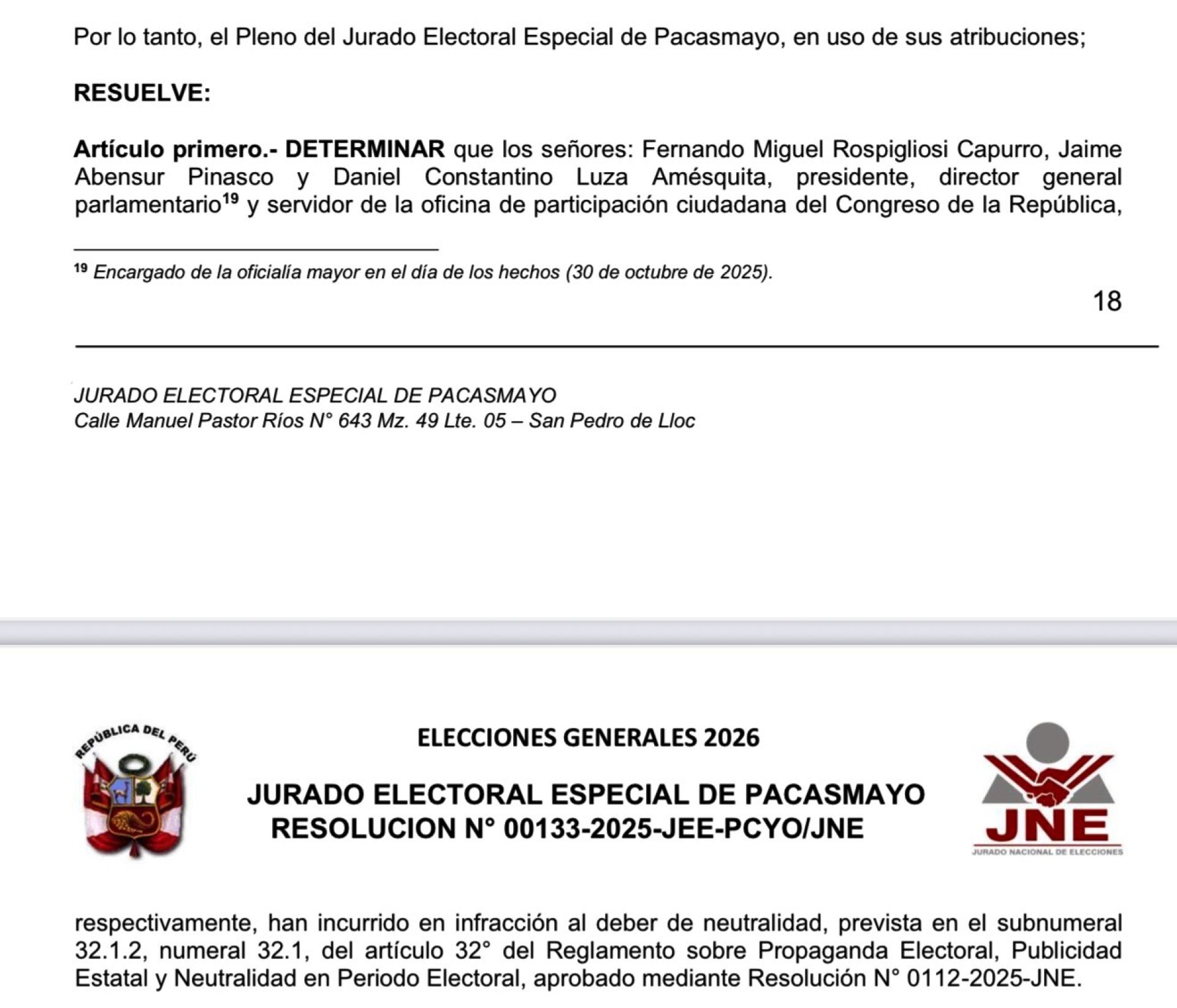 Resolución N.° 00133-2025-JEE-PCYO/JNE