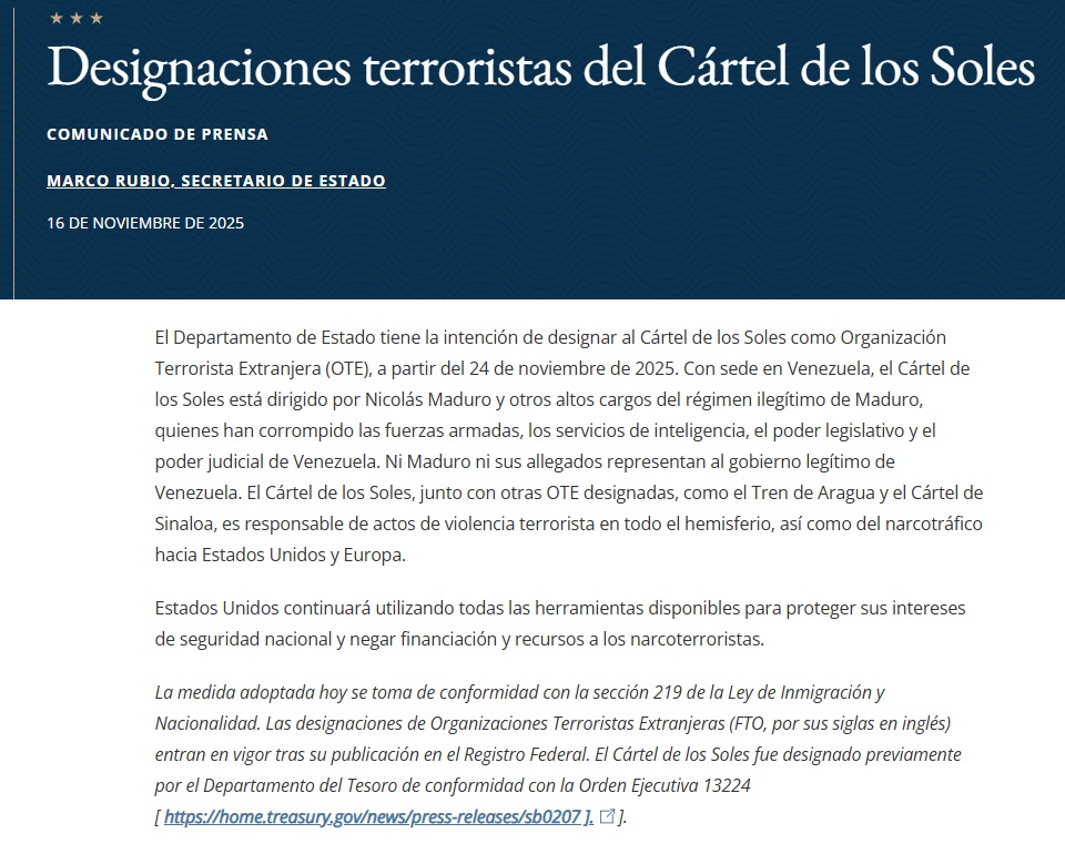 Comunicado del Departamento de Estado.