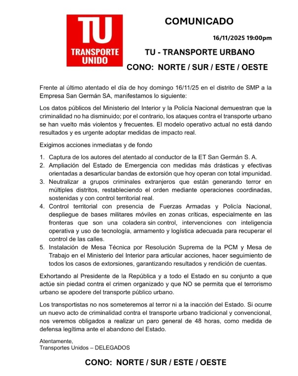 Gremio de transportista advierte sobre nuevo paro si siguen los atentados.