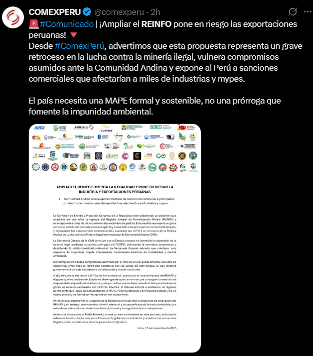 Gremios empresariales advierten que REINFO arriesga exportaciones.