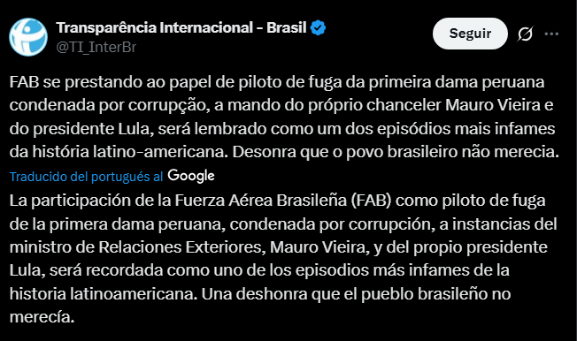 La ONG Transparencia Internacional conden el gasto pblico de Da Silva para traslado de Nadine Heredia.