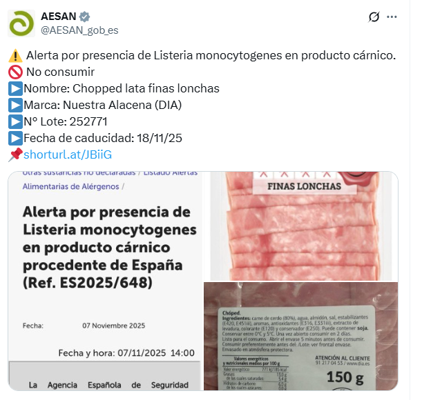 Alerta por presencia de Listeria monocytogenes en producto cárnico.