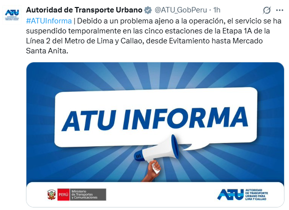 ATU confirma suspensin temporal de la Lnea 2 este martes.