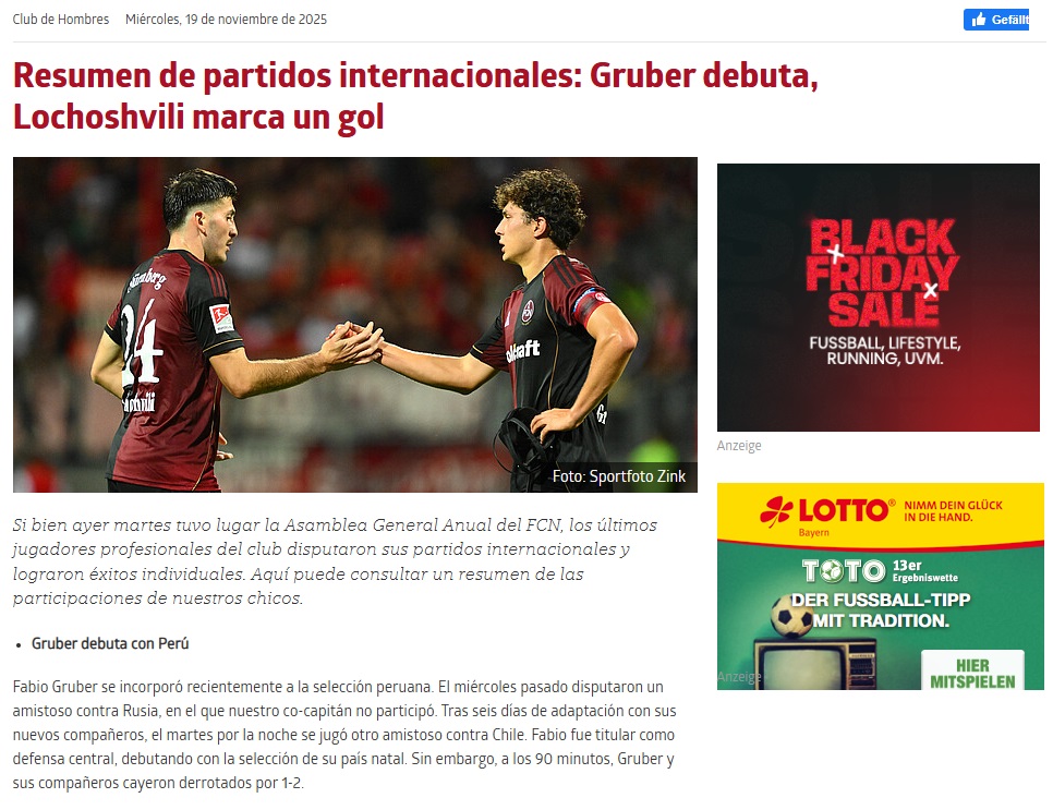 Nota de prensa publicado por FC Nrnberg sobre Fabio Gruber y su convocatoria.