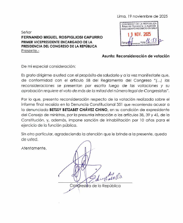 Reconsideración de voto presentada por Eduardo Castillo