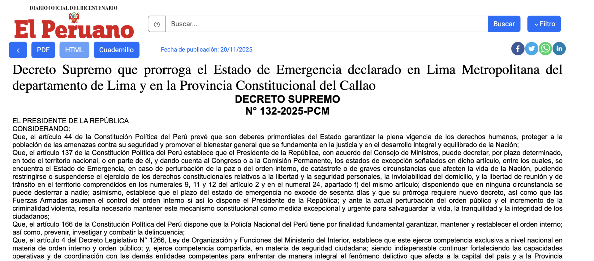 Gobierno oficializa extensión del Estado de Emergencia en Lima y Callao