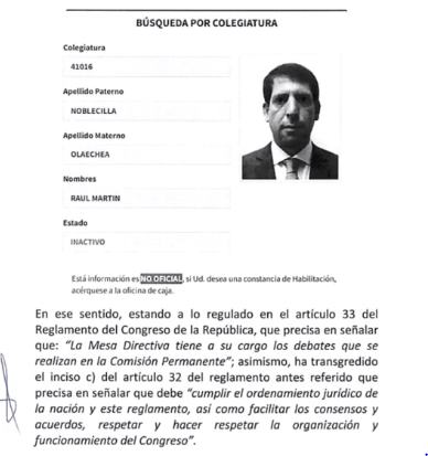 La mocin de censura incluy una presunta evidencia del estado de inhabilitado del abogado Ral Noblecilla.