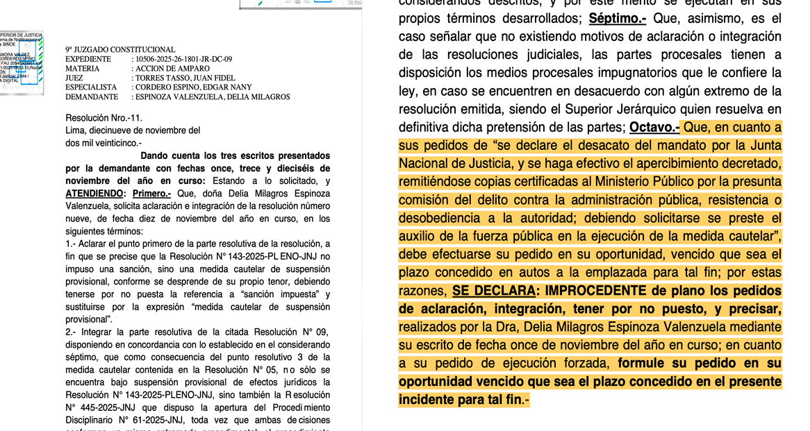 PJ rechaza pedidos de Delia Espinoza.