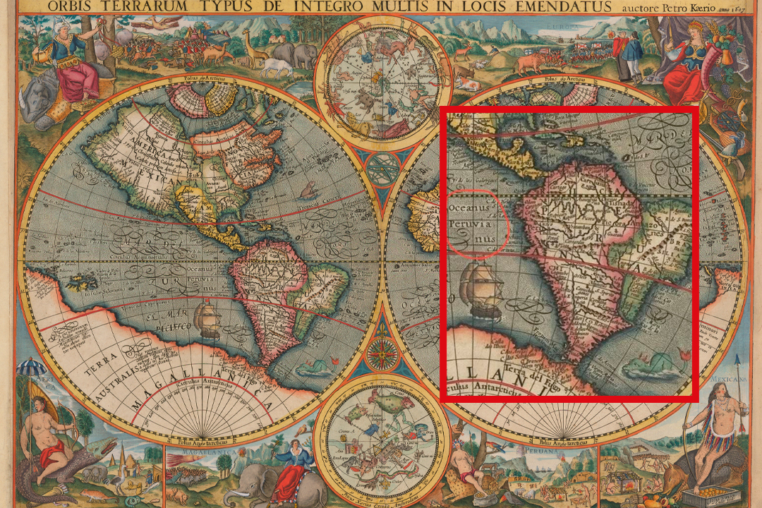 Mapa de Petrus Kaerius ya nombraba al territorio sudamericano como 'peruano'.