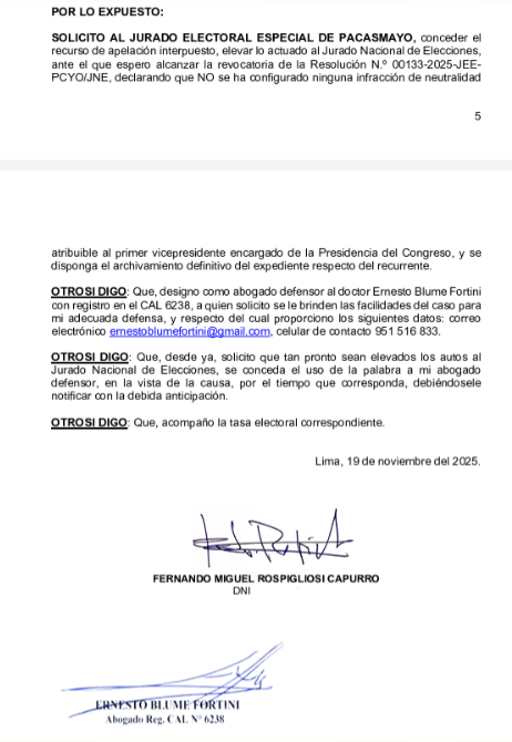 Rospigliosi apela al fallo del JEE de Pacasmayo y pone a Blume como defensa.