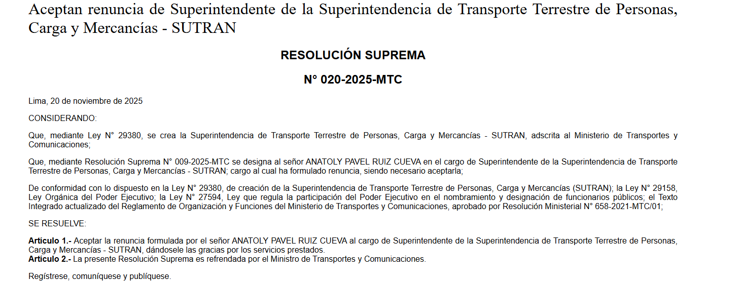 Renuncia del ahora exjefe de la SUTRAN.