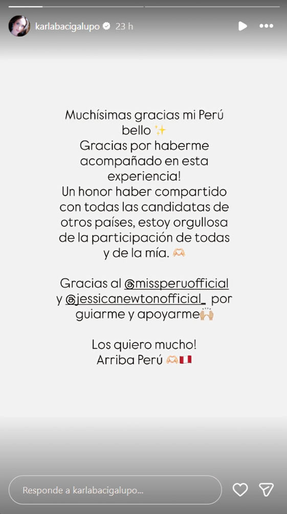 Publicacin de Instagram de Karla Bacigalupo donde expresa su agradecimiento al Per