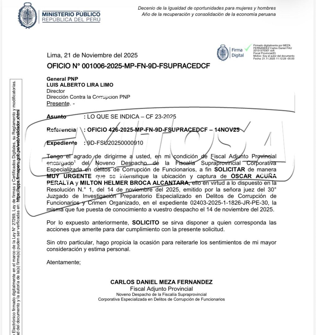 Piden a la PNP intensificar búsqueda y captura de Óscar Acuña