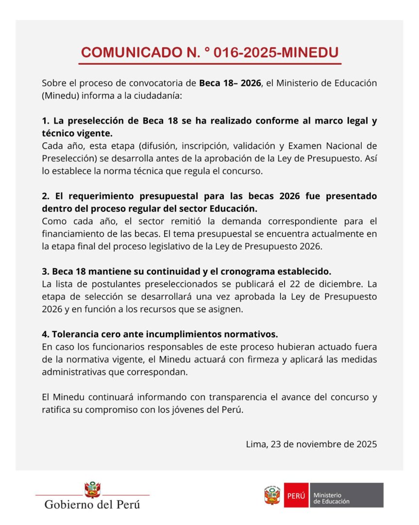 Comunicado del Minedu sobre beca 18 de Pronabec