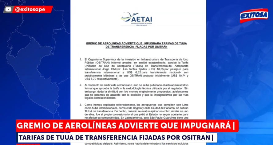 AETAI anunci impugnacin de la TUUA de transferencia del Aeropuerto Jorge Chvez.
