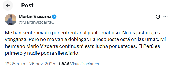 Tuit de Martn Vizcarra tras sentencia de 14 aos de prisin.