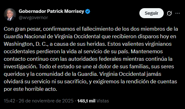 Gobernador Patrick Morrisey confirma dos fallecidos
