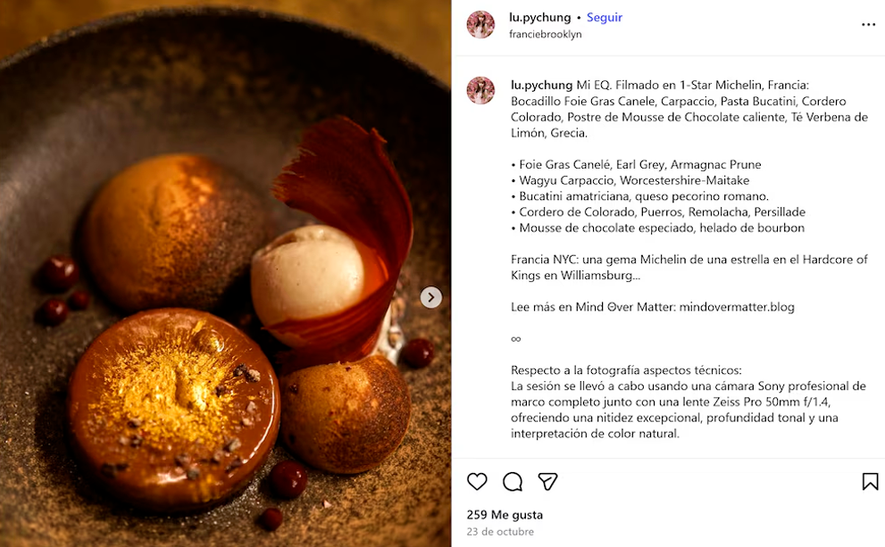 Pei Chung compartía y reseñaba algunos de los platos de primera categoría, pero no pagaba la cuenta.