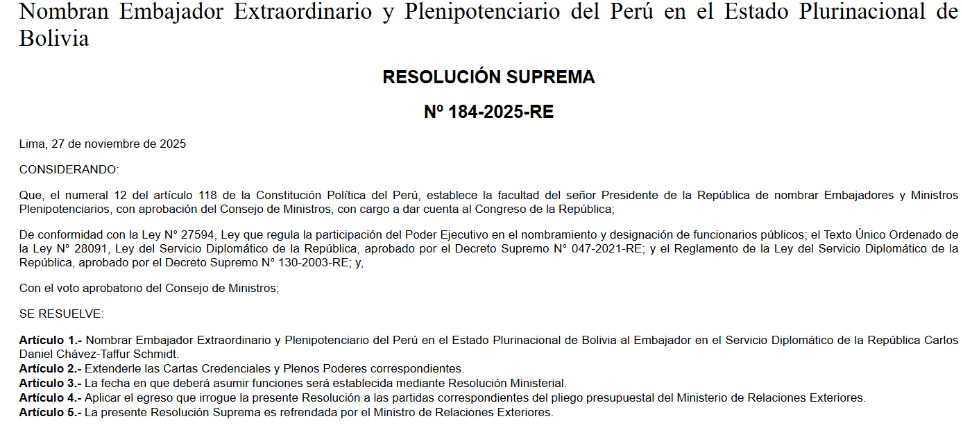 Designacin de nuevo embajador del Per en Bolivia.