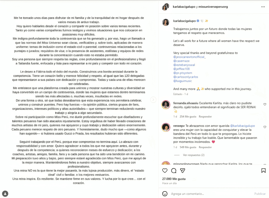 Pronunciamiento de Karla Bacigalupo en Instagram