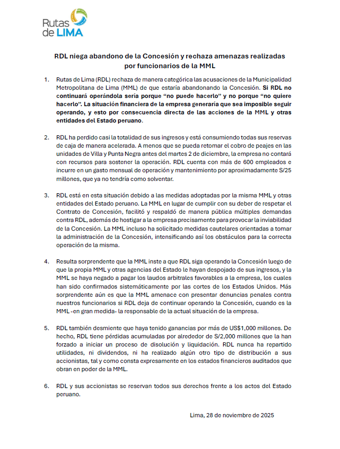 Comunicado de Rutas de Lima