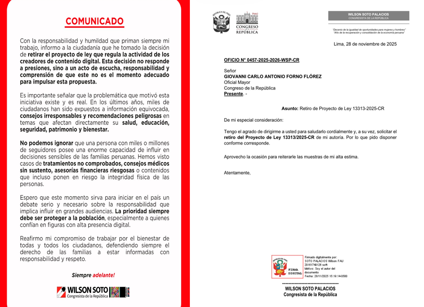 Wilson Soto retira su proyecto de ley N. 13313/2025-CR.