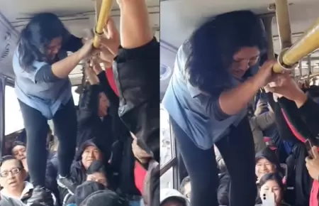 Cobradora trepada en asientos de bus.