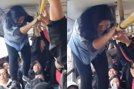 Cobradora trepada en asientos de bus.