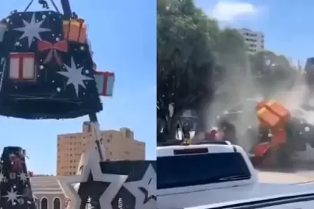 rbol navideo gigante cay sobre trabajadores cuando lo armaban en Brasil.