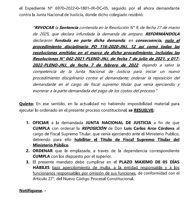 La resolución del Poder Judicial que ordena el retorno de Luis Arce como Fiscal Supremo.