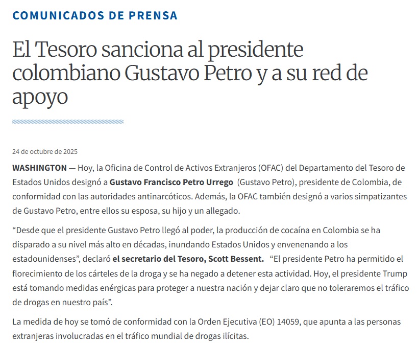 Comunicado que designa a Petro, su familia y entorno en la lista de la OFAC.