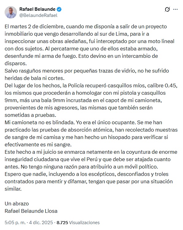 Comunicado en X de Rafael Belaunde Llosa tras el ataque que sufri.