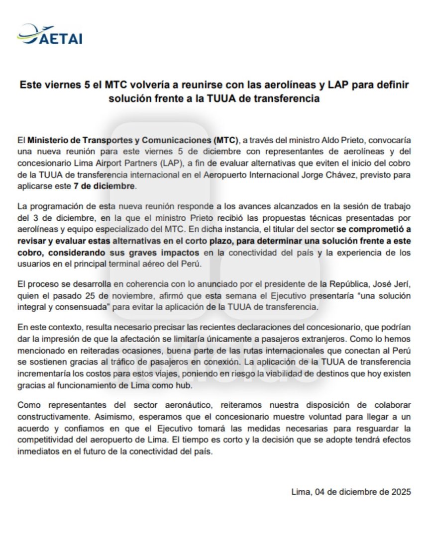 AETAI anuncia reunin del MTC con aerolneas y LAP por TUUA de Transferencia.