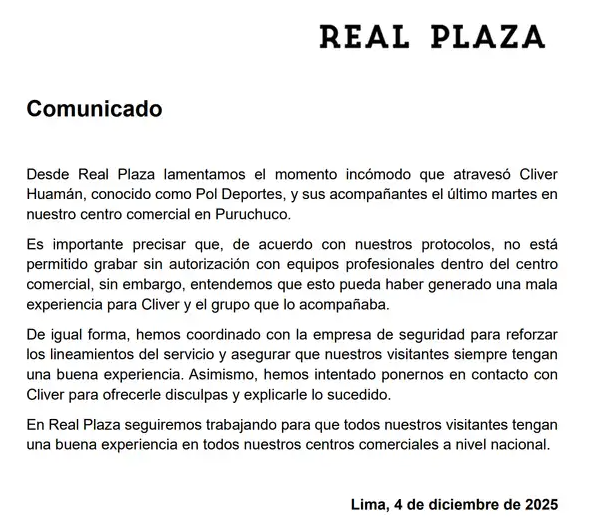 Comunicado de Real Plaza pidiendo disculpas a 'Pol Deportes'.