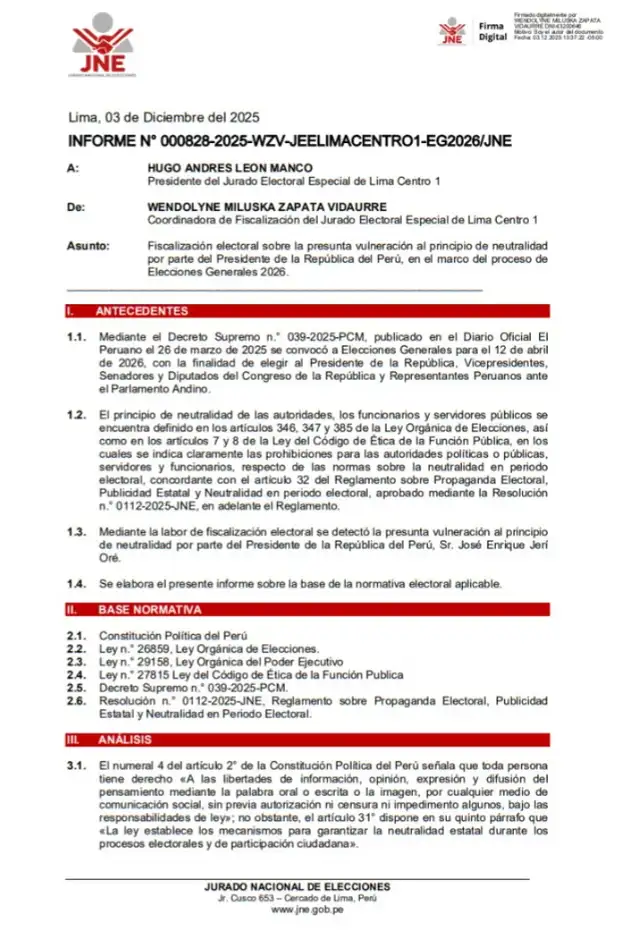 JEE abre proceso por presunta infraccin a la neutralidad electoral