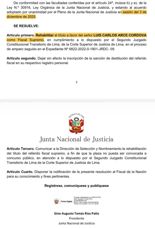 Documento de la JNJ que dispone la restitucin de Luis Arce Crdova como fiscal Supremo.