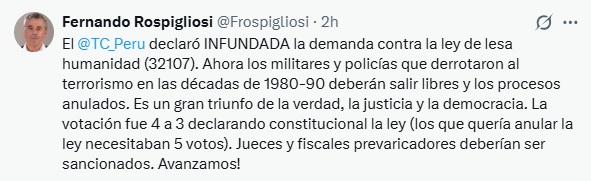 Publicacin de Fernando Rospigliosi en X.