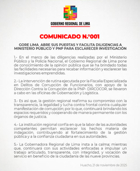 Comunicado GORE Lima.